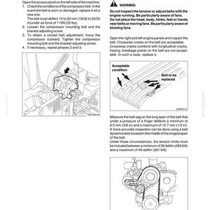 May include: A technical manual page titled DC180 Power Steering featuring black and white line drawings and text instructions for checking and adjusting the air conditioner compressor belt and the fan-alternator belt, including safety warnings.