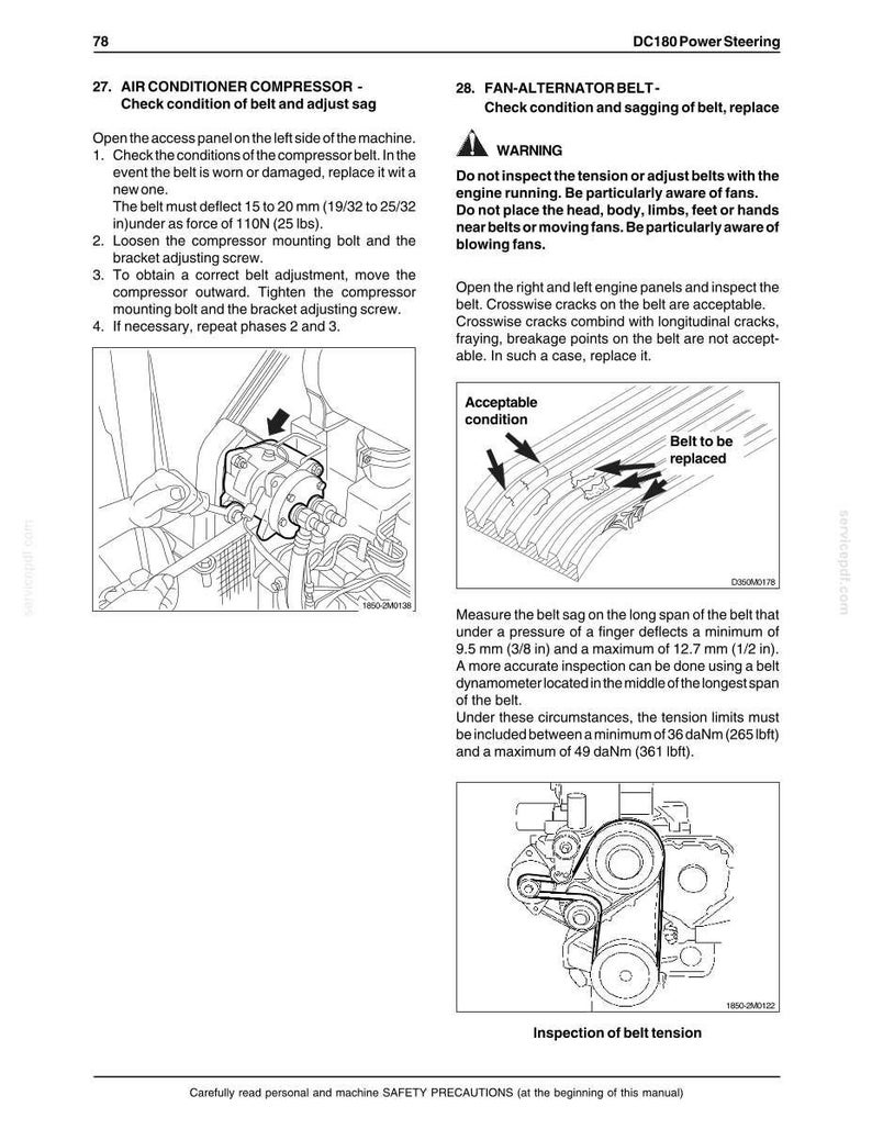 May include: A technical manual page titled DC180 Power Steering featuring black and white line drawings and text instructions for checking and adjusting the air conditioner compressor belt and the fan-alternator belt, including safety warnings.
