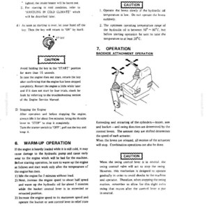 May include: A technical manual page titled 3-8 containing instructions for engine warm-up, operation, and backhoe attachment control. It features text, caution boxes, a key ignition diagram, and a line drawing of a backhoe control lever seat.