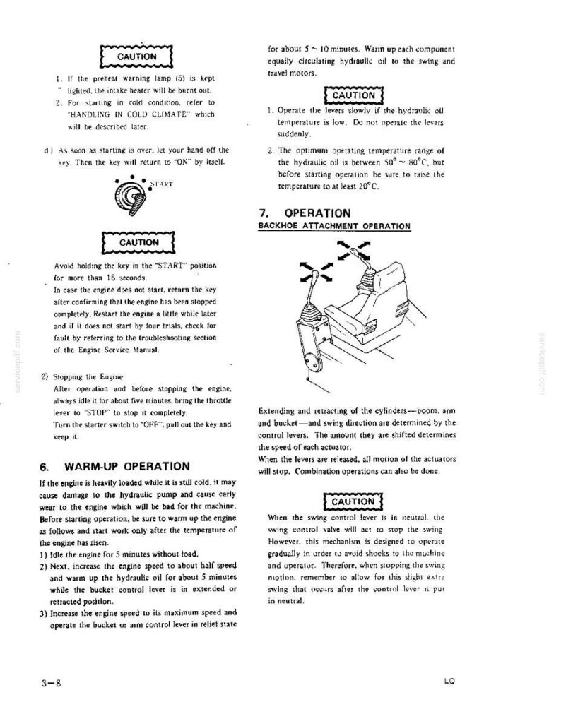 May include: A technical manual page titled 3-8 containing instructions for engine warm-up, operation, and backhoe attachment control. It features text, caution boxes, a key ignition diagram, and a line drawing of a backhoe control lever seat.