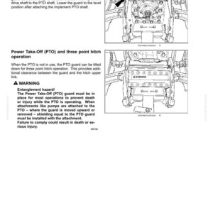 K&ouml;nnte beinhalten: Eine Seite aus einem technischen Handbuch mit dem Titel 6 - WORKING OPERATIONS, die schwarz-wei&szlig;e Strichzeichnungen eines Zapfwellenschutzes (PTO) f&uuml;r Traktoren zeigt. Der Text enth&auml;lt Sicherheitshinweise und Warnschilder.