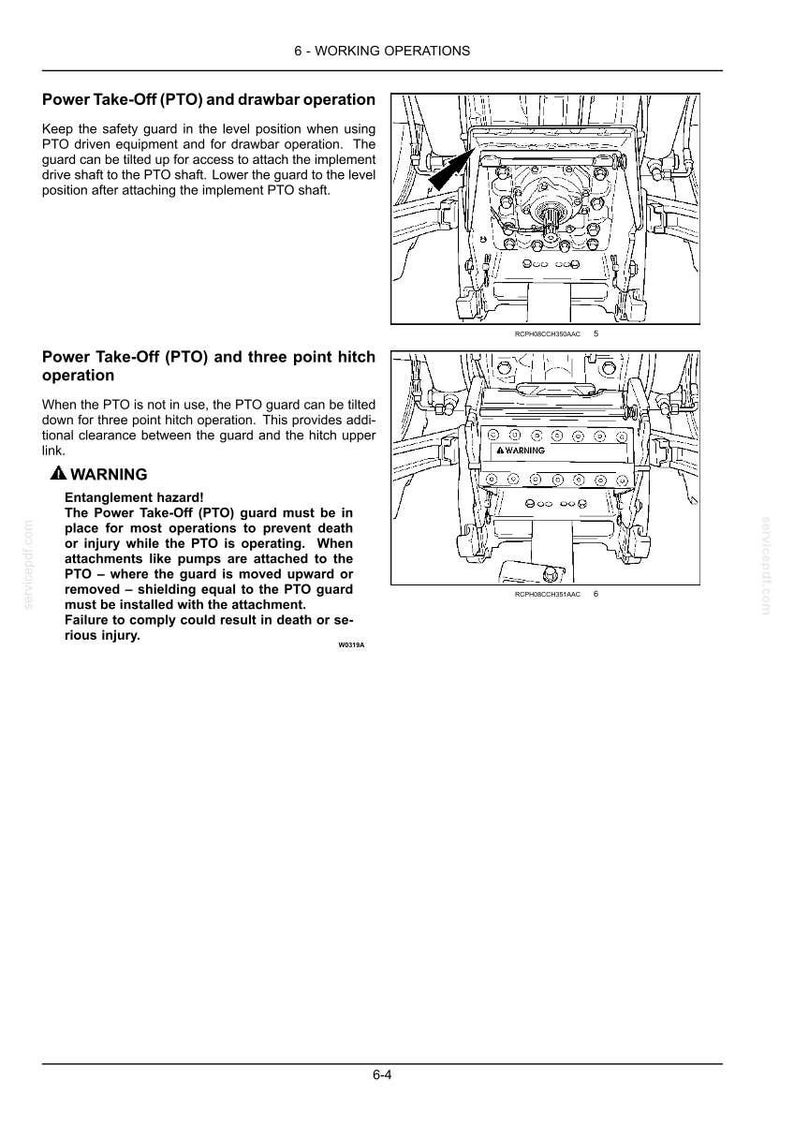 K&ouml;nnte beinhalten: Eine Seite aus einem technischen Handbuch mit dem Titel 6 - WORKING OPERATIONS, die schwarz-wei&szlig;e Strichzeichnungen eines Zapfwellenschutzes (PTO) f&uuml;r Traktoren zeigt. Der Text enth&auml;lt Sicherheitshinweise und Warnschilder.