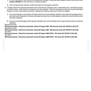 May include: A technical document titled "Electrical systems - FAULT CODES" with a table detailing wiring harness tests. The document includes instructions for troubleshooting and lists wiring harnesses and electrical schematic sheets for mechanical and EH units.