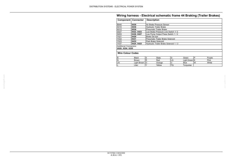 May include: A technical diagram titled "Wiring harness - Electrical schematic frame 44 Braking (Trailer Brakes)". The diagram includes a table with components, connectors, and descriptions. Wire color codes are also listed, with colors like black, brown, and red.