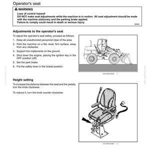 May include: Page from a manual titled "Controls and Instruments" showing an operator's seat and a diagram of a construction vehicle. The text includes warnings about seat adjustments and instructions for adjusting the seat height.