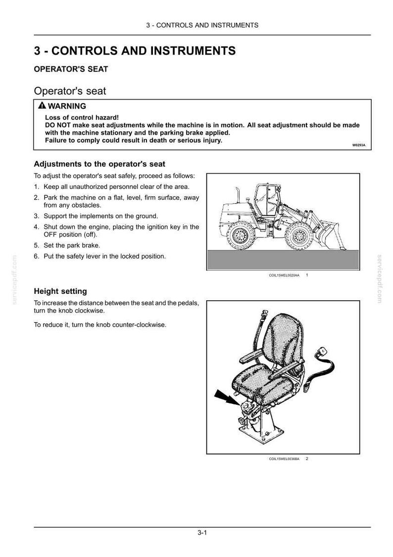 May include: Page from a manual titled "Controls and Instruments" showing an operator's seat and a diagram of a construction vehicle. The text includes warnings about seat adjustments and instructions for adjusting the seat height.