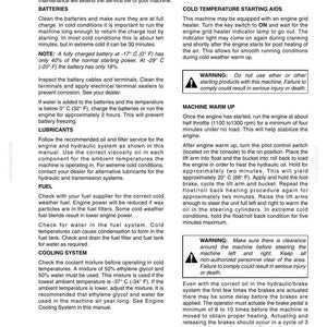 May include: A page from an operating manual with instructions for cold weather operation of a machine. Topics include batteries, lubricants, fuel, cooling system, and starting aids. Warnings are included.