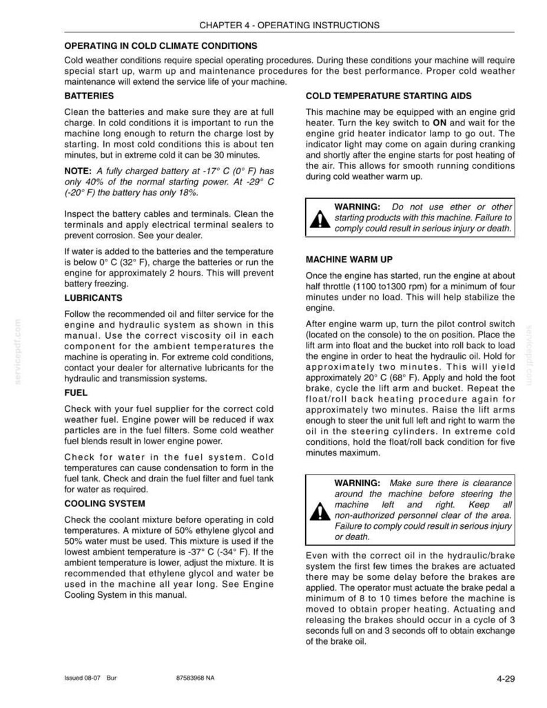 May include: A page from an operating manual with instructions for cold weather operation of a machine. Topics include batteries, lubricants, fuel, cooling system, and starting aids. Warnings are included.