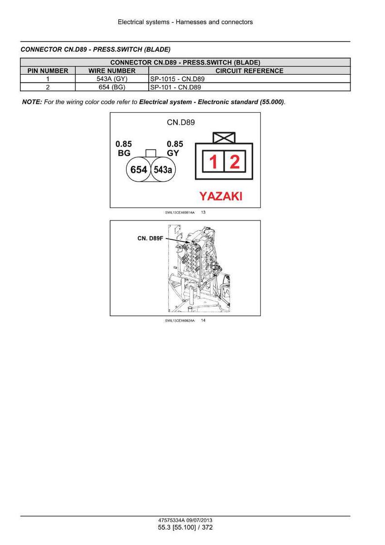 May include: Diagram of electrical connectors and wiring details, including CN.D89 and CN.D89F. The image includes a table with pin numbers, wire numbers, and circuit references. Text includes "YAZAKI" and "Electrical systems - Harnesses and connectors."