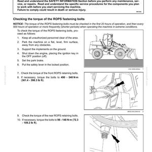 May include: Page from a maintenance manual detailing the procedure for checking the torque of ROPS fastening bolts. Includes a diagram of a front-end loader and close-up illustrations of bolt locations. The text includes warnings and instructions.