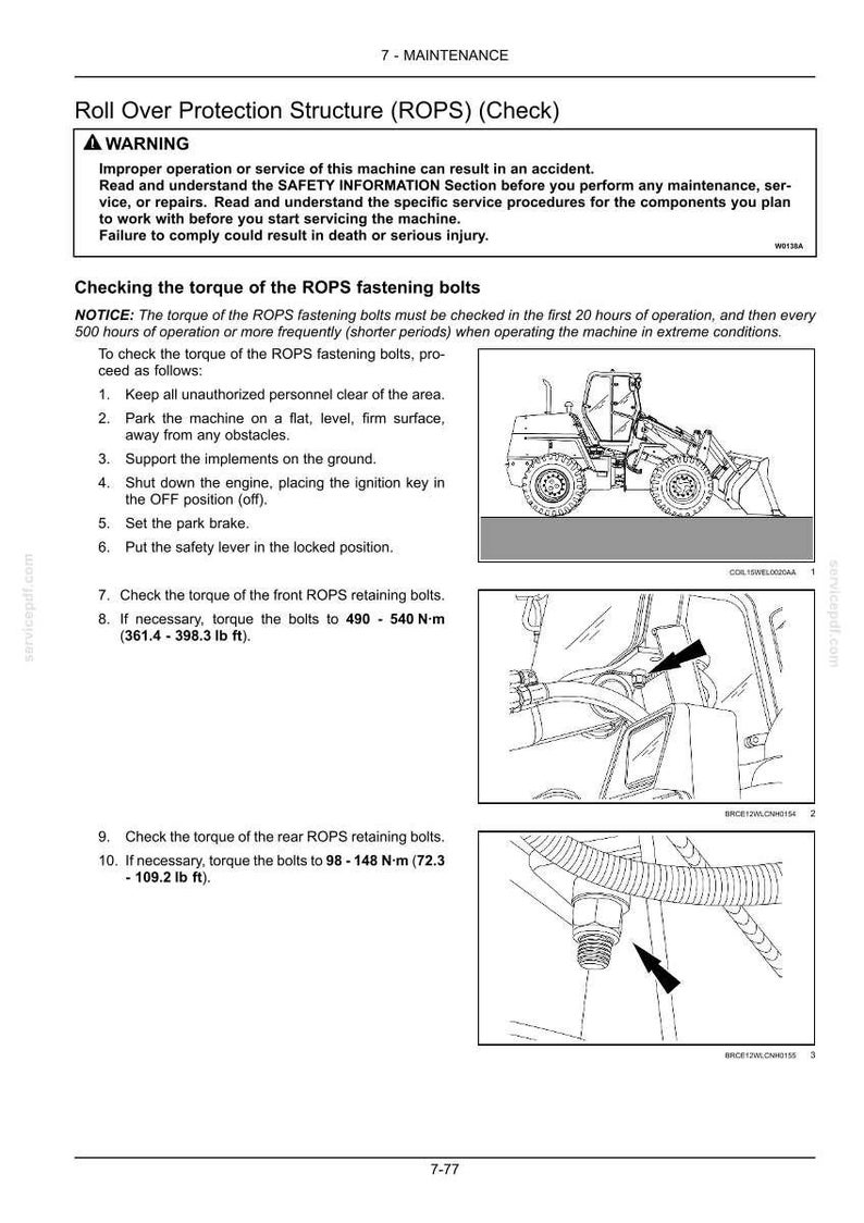 May include: Page from a maintenance manual detailing the procedure for checking the torque of ROPS fastening bolts. Includes a diagram of a front-end loader and close-up illustrations of bolt locations. The text includes warnings and instructions.