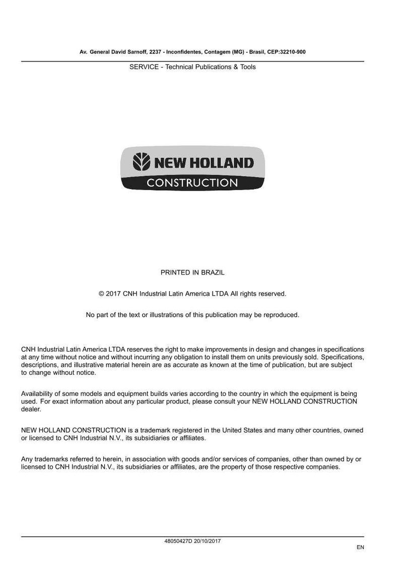 May include: A white document with the "NEW HOLLAND CONSTRUCTION" logo in a gray and black rectangle. The document includes text about technical publications and tools, and copyright information.