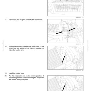 May include: Diagram of automotive heating and air conditioning system components. Instructions include removing the cover, disconnecting hoses, loosening the guide plate, installing the heater core, and positioning the evaporator.
