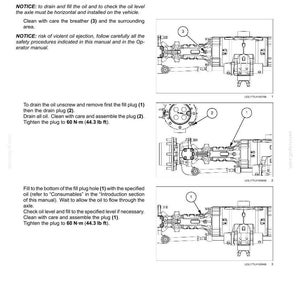 May include: Diagram of a powered front axle service instruction for axle oil change. The image includes detailed illustrations of the axle components, with numbered callouts for fill and drain plugs, and instructions for tightening to 44.3 lb ft.