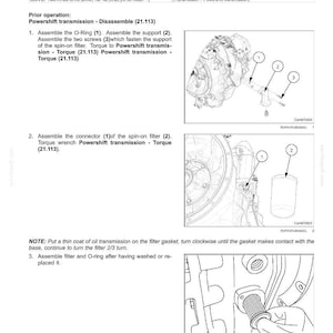 May include: Diagram of a powershift transmission assembly, including an O-ring, support, and screws. The image provides instructions for assembling the S-type (SPS Power Synchro) filters, with torque specifications. The image is a technical illustration.