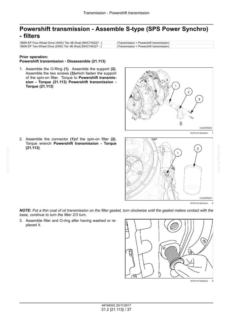 May include: Diagram of a powershift transmission assembly, including an O-ring, support, and screws. The image provides instructions for assembling the S-type (SPS Power Synchro) filters, with torque specifications. The image is a technical illustration.