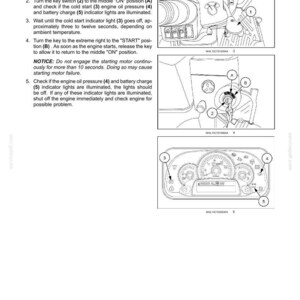 May include: A technical document page titled 4 - OPERATING INSTRUCTIONS, featuring black and white line drawings of a vehicle dashboard, a key ignition switch labeled 2, and a hand throttle lever labeled 1, with numbered indicators 3, 4, and 5.