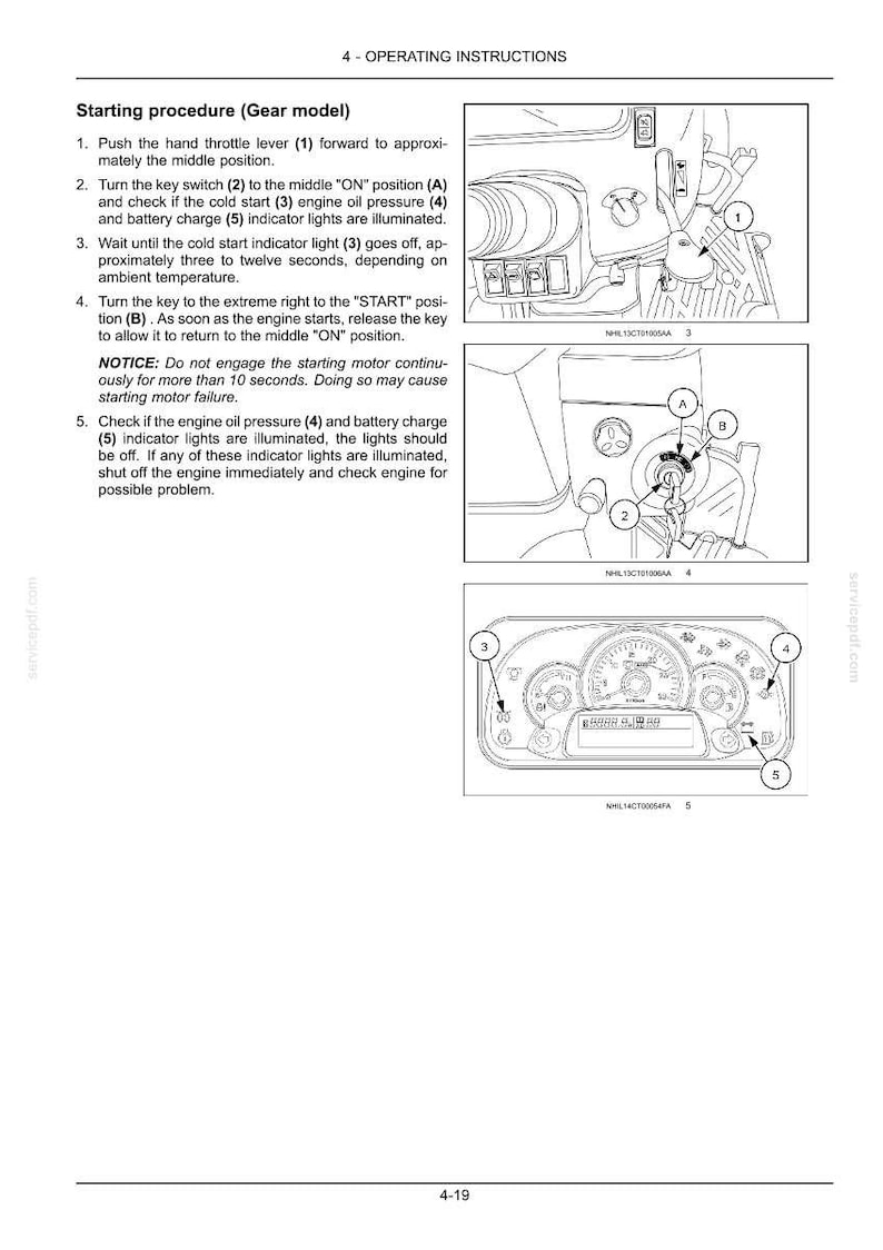 May include: A technical document page titled 4 - OPERATING INSTRUCTIONS, featuring black and white line drawings of a vehicle dashboard, a key ignition switch labeled 2, and a hand throttle lever labeled 1, with numbered indicators 3, 4, and 5.