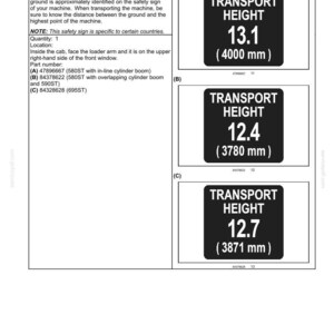 May include: A page from a manual with safety information. It displays three black and white signs indicating transport heights: 13.1 feet (4000 mm), 12.4 feet (3780 mm), and 12.7 feet (3871 mm).