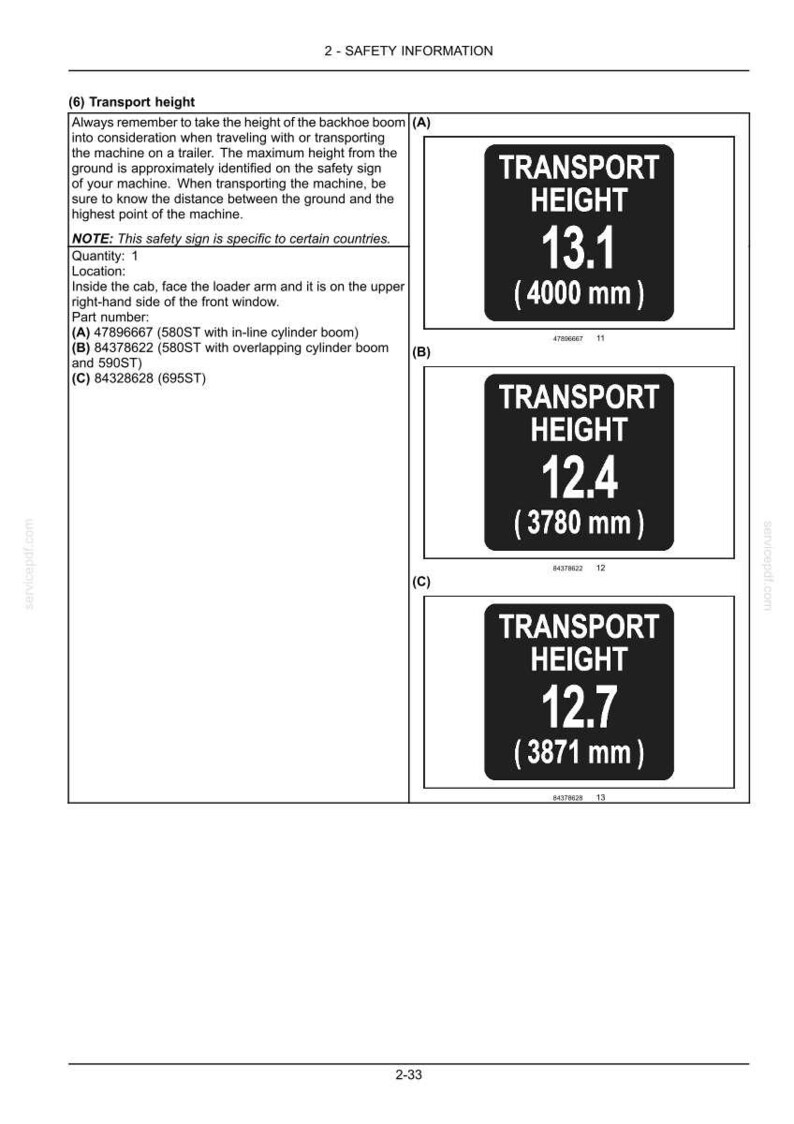May include: A page from a manual with safety information. It displays three black and white signs indicating transport heights: 13.1 feet (4000 mm), 12.4 feet (3780 mm), and 12.7 feet (3871 mm).