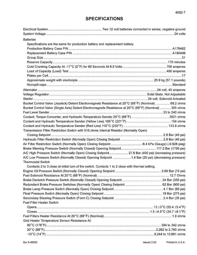 May include: A detailed specifications sheet with technical data for an electrical system. Includes measurements in psi, ohms, and amperes. The document lists various components, including batteries, alternators, and switches, with their respective operating parameters.