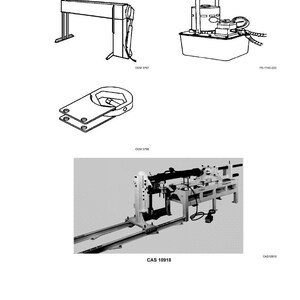 May include: Line drawings of industrial equipment, including a rectangular frame with a hanging component, a pump system in a container, and a bracket with a hexagonal opening. The image also shows a larger machine with the text "CAS 10918".