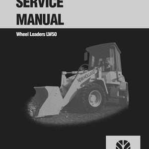 May include: A service manual cover featuring a wheel loader. The text at the top reads "SERVICE MANUAL" and below that "Wheel Loaders LW50." The New Holland Construction logo is in the bottom right corner. The wheel loader is light-colored against a dark background.