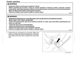 May include: A page from an operating manual with the title "Operating the machine." The page includes safety warnings and instructions for operating heavy machinery, with a diagram of a seat belt.