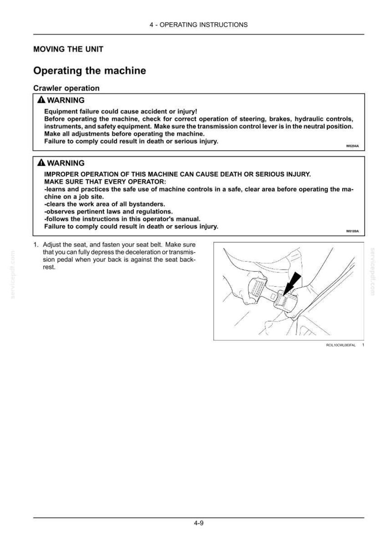 May include: A page from an operating manual with the title "Operating the machine." The page includes safety warnings and instructions for operating heavy machinery, with a diagram of a seat belt.