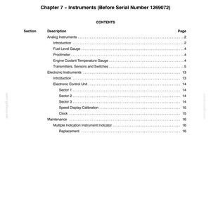 May include: A technical document page titled Section 55 - Electrical System, Chapter 7 - Instruments (Before Serial Number 1269072). The content lists sections for Analog Instruments and Electronic Instruments, including gauges, sensors, and calibration.