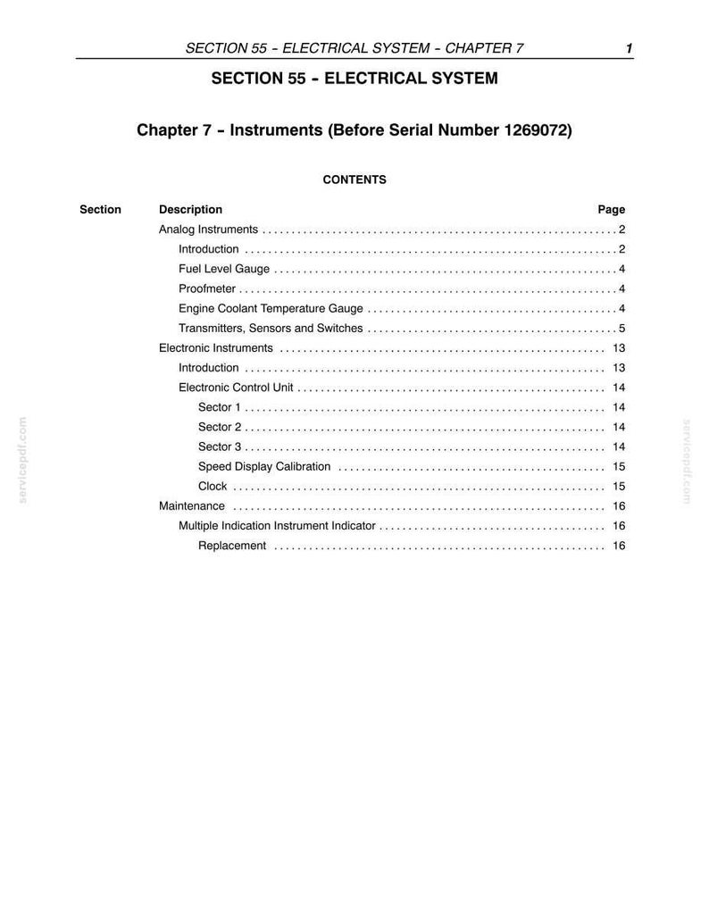 May include: A technical document page titled Section 55 - Electrical System, Chapter 7 - Instruments (Before Serial Number 1269072). The content lists sections for Analog Instruments and Electronic Instruments, including gauges, sensors, and calibration.
