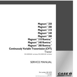 May include: A white service manual with black text listing Magnum tractor models and specifications. The manual includes the text "Continuously Variable Transmission (CVT) Tractor" and the Case IH Agriculture logo.