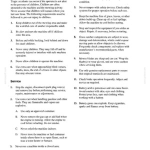 May include: A black and white document page titled Safety, containing instructions for children and service procedures for machinery. The text outlines safety precautions, including keeping children away from mowing areas and maintenance steps.
