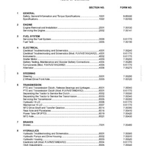 Może przedstawiać: Spis treści z instrukcji obsługi ciągnik&oacute;w serii 2100. Dokument wymienia sekcje dotyczące informacji og&oacute;lnych, silnika, układu paliwowego, elektryki, układu kierowniczego, skrzyni bieg&oacute;w, hamulc&oacute;w i hydrauliki. Wydano w marcu 2002 r.