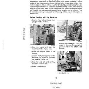 May include: A page from an operating manual with instructions for digging safety precautions and operating a backhoe. The manual includes diagrams and numbered steps for safe operation, with text such as "Swing Lock Pin" and "Trim This Edge."