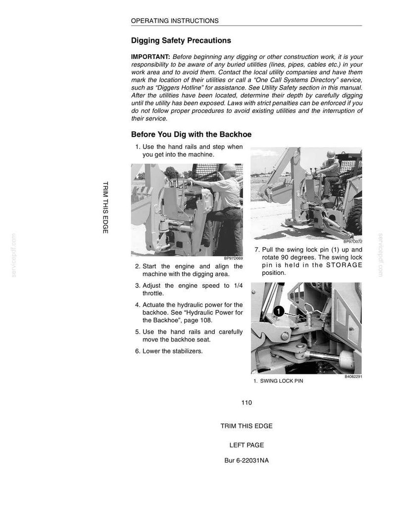 May include: A page from an operating manual with instructions for digging safety precautions and operating a backhoe. The manual includes diagrams and numbered steps for safe operation, with text such as "Swing Lock Pin" and "Trim This Edge."