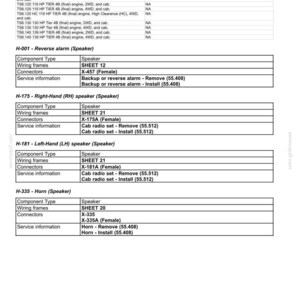 May include: A detailed technical diagram of electrical components, specifically speaker descriptions and wiring details. Includes component types, wiring frames, connectors, and service information for various speaker models.