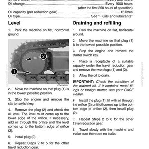 May include: A page from a manual detailing the service specifications for travel reduction gears. The image includes diagrams of the machine and instructions for draining and refilling oil, with measurements in liters.
