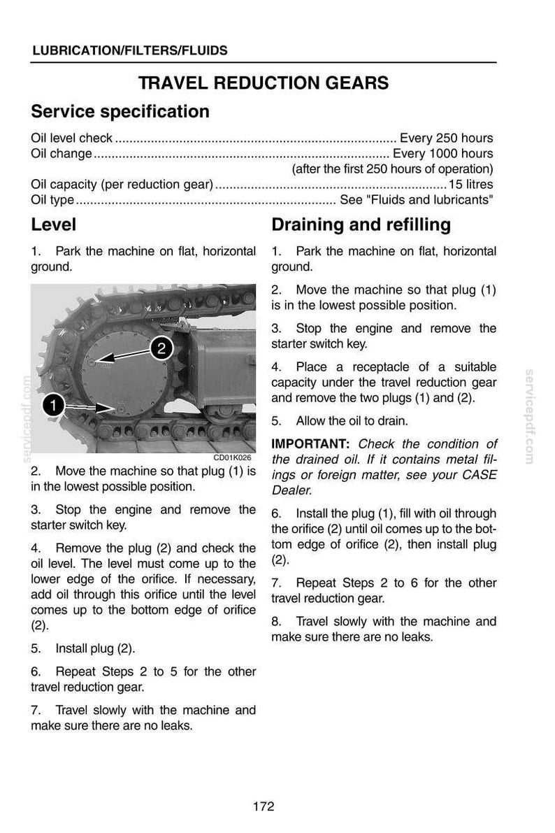 May include: A page from a manual detailing the service specifications for travel reduction gears. The image includes diagrams of the machine and instructions for draining and refilling oil, with measurements in liters.