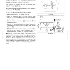 May include: Diagram of operating instructions for hydraulic oil warm-up. Text includes temperature guidelines in Fahrenheit and Celsius, and instructions for operating levers 1, 2, and 3. The image is a page from a manual.