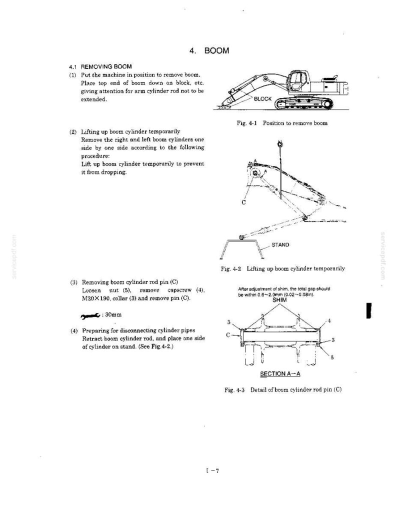 May include: A technical manual page titled 4. BOOM, featuring black and white line drawings of an excavator, a boom lifting procedure with a stand, and a cross-section diagram labeled SECTION A-A showing a boom cylinder rod pin with shim details.