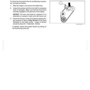 May include: Diagram of an air conditioning compressor belt check procedure. The image includes a diagram of the belt and pulleys, with instructions to check tension. The text includes measurements in inches and pounds.