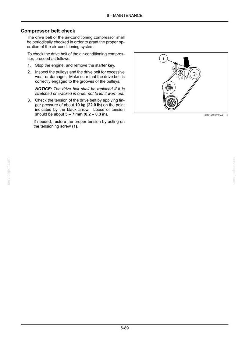 May include: Diagram of an air conditioning compressor belt check procedure. The image includes a diagram of the belt and pulleys, with instructions to check tension. The text includes measurements in inches and pounds.