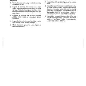 K&ouml;nnte beinhalten: Eine Seite aus einem Handbuch mit Anweisungen zur Inspektion von Getriebekomponenten. Der Text beschreibt Verfahren zur &Uuml;berpr&uuml;fung von Lagern, Zahnr&auml;dern und anderen Teilen auf Verschlei&szlig; und Besch&auml;digung. Die Ma&szlig;e sind in Millimetern angegeben.