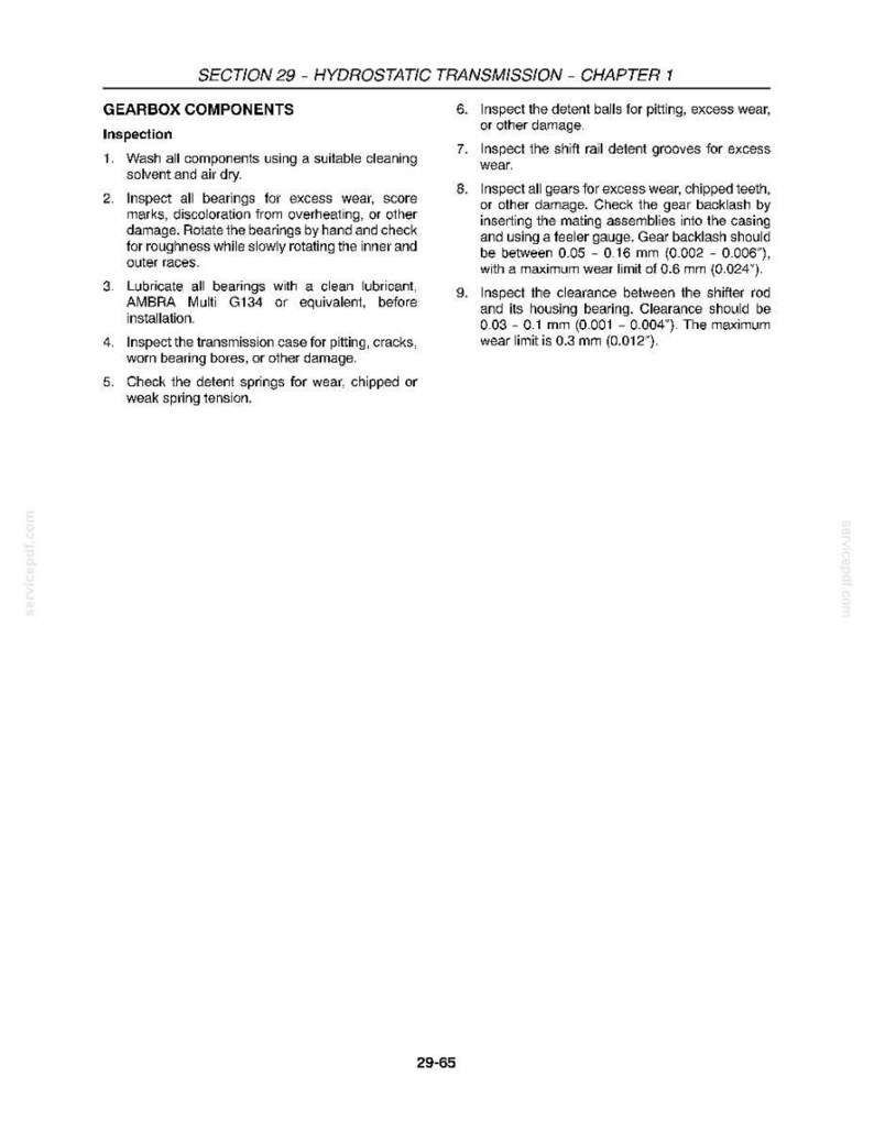 K&ouml;nnte beinhalten: Eine Seite aus einem Handbuch mit Anweisungen zur Inspektion von Getriebekomponenten. Der Text beschreibt Verfahren zur &Uuml;berpr&uuml;fung von Lagern, Zahnr&auml;dern und anderen Teilen auf Verschlei&szlig; und Besch&auml;digung. Die Ma&szlig;e sind in Millimetern angegeben.