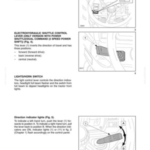 May include: Diagram of a tractor's electrical system, including hazard lights, electrohydraulic shuttle control lever, lights/horn switch, and direction indicator lights. The diagram includes labels and arrows.