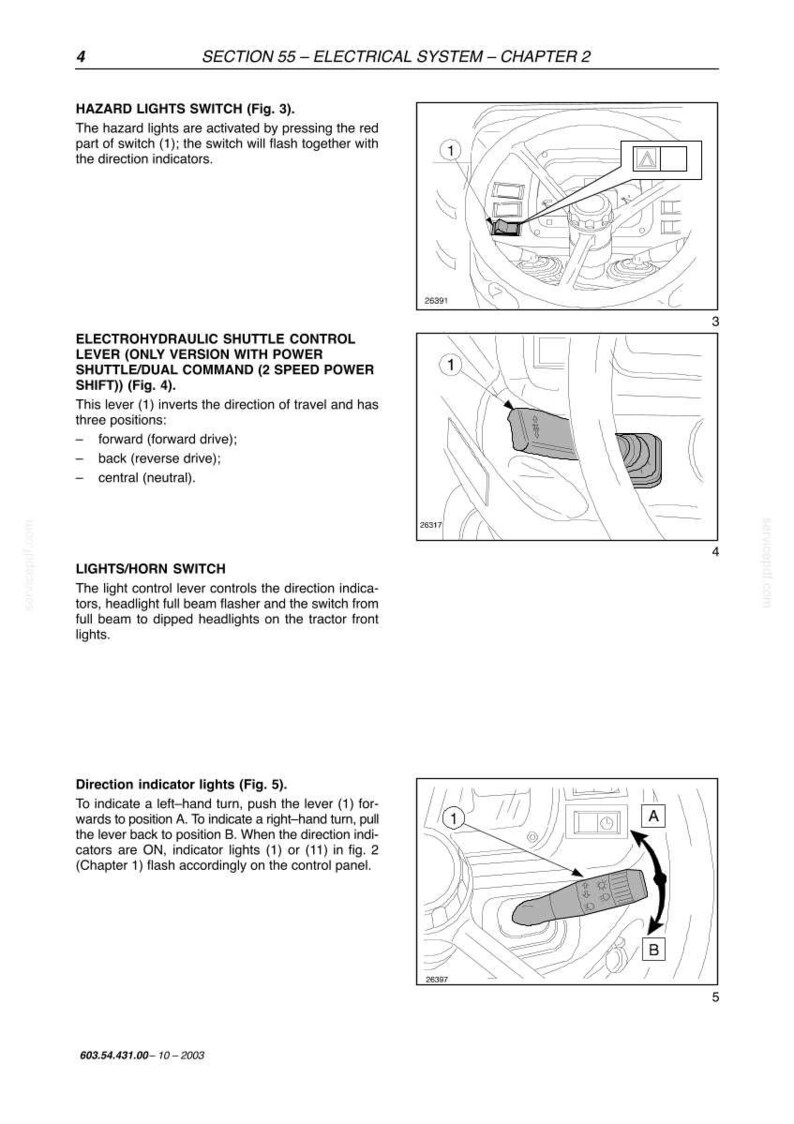 May include: Diagram of a tractor's electrical system, including hazard lights, electrohydraulic shuttle control lever, lights/horn switch, and direction indicator lights. The diagram includes labels and arrows.