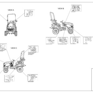 May include: Line drawings of a compact tractor, with detailed views labeled A, B, and C. Each view highlights different components with callouts. The document includes a parts list and is titled "Hustler 26L Compact Tractor Wiring".