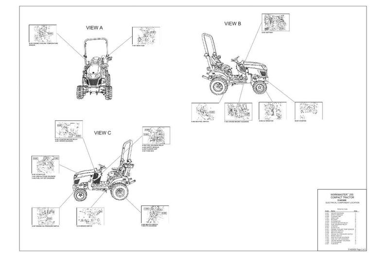 May include: Line drawings of a compact tractor, with detailed views labeled A, B, and C. Each view highlights different components with callouts. The document includes a parts list and is titled "Hustler 26L Compact Tractor Wiring".
