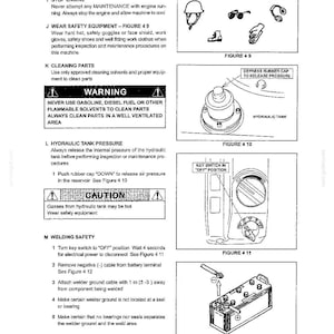 May include: A technical manual page titled Section IV - MAINTENANCE, featuring black and white line drawings of safety gear, a hydraulic tank with a rubber cap, a key switch in the OFF position, and a battery terminal with a negative cable connection.